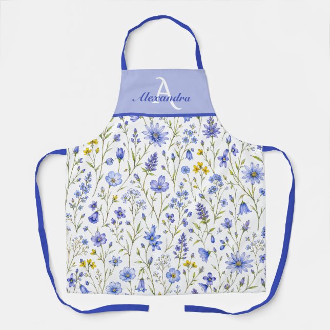 Blue Watercolor Wildflower Pattern Custom Name Apron (Front)