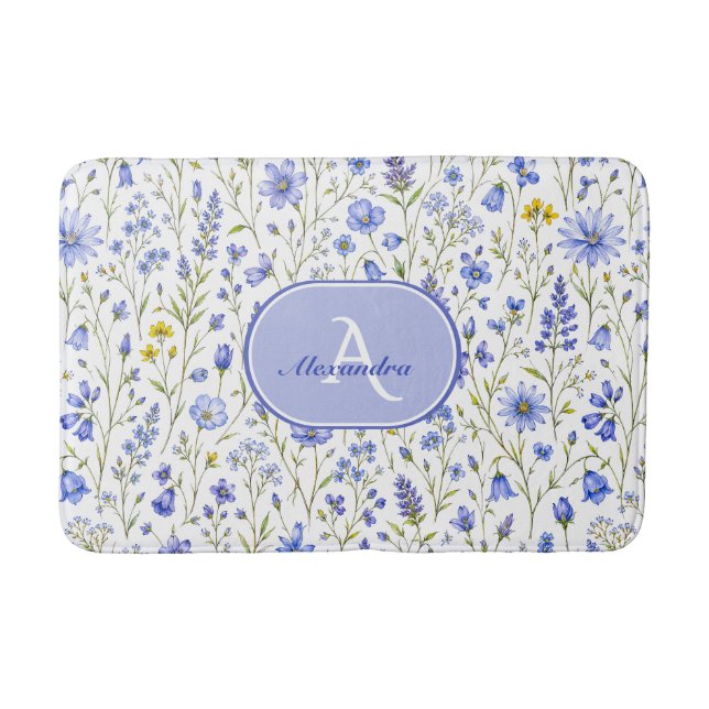 Blue Watercolor Wildflower Pattern Custom Name Bath Mat (Front)
