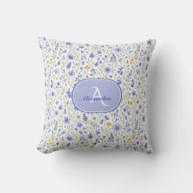 Blue Watercolor Wildflower Pattern Custom Name Cushion (Front)