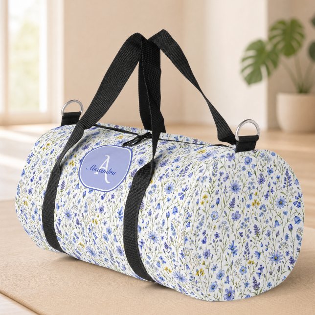 Blue Watercolor Wildflower Pattern Custom Name Duffle Bag (Creator Uploaded)