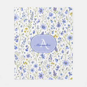 Blue Watercolor Wildflower Pattern Custom Name Fleece Blanket