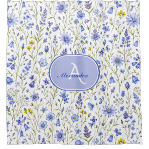 Blue Watercolor Wildflower Pattern Custom Name Shower Curtain