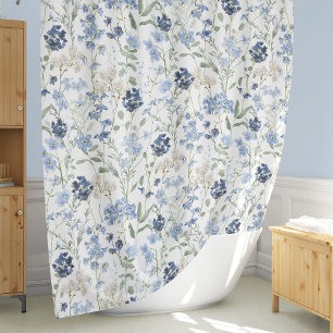 Blue Watercolor Wildflower Pattern Shower Curtain