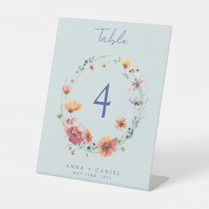 Blue Watercolor Wildflower Wedding Table Number Pedestal Sign