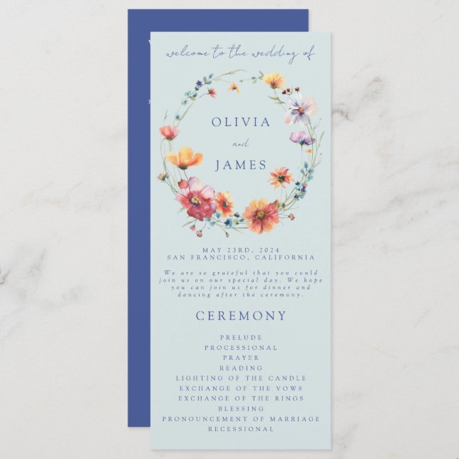 Blue Watercolor Wildflower Wreath Wedding Programme (Front/Back)