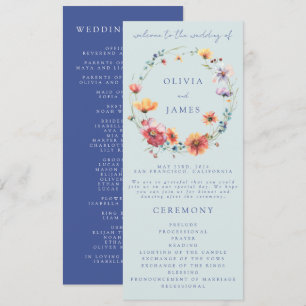 Blue Watercolor Wildflower Wreath Wedding Programme
