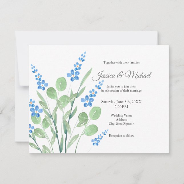 Blue Watercolor Wildflowers Bouquet   Invitation (Front)