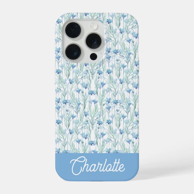 Blue watercolor wildflowers custom name iPhone case (Back)