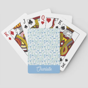 Blue watercolor wildflowers custom name playing cards
