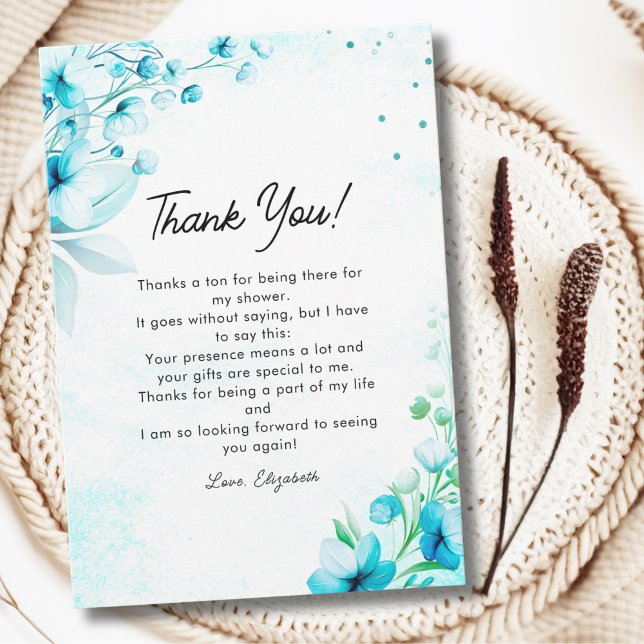 Blue Watercolor Wildflowers Modern Bridal Shower Thank You Card (Creator Uploaded)