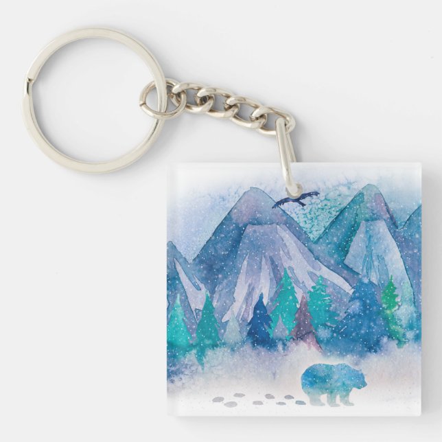 Blue Watercolor Winter Mountain Landscape Art Key Ring (Front)