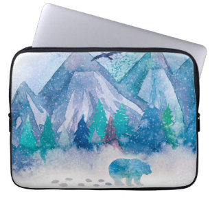Blue Watercolor Winter Mountain Landscape Art Laptop Sleeve