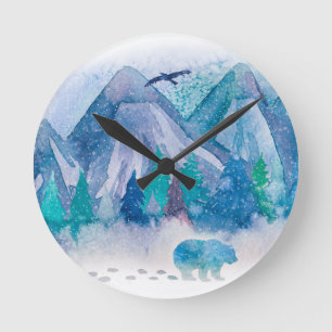 Blue Watercolor Winter Mountain Landscape Art Round Clock
