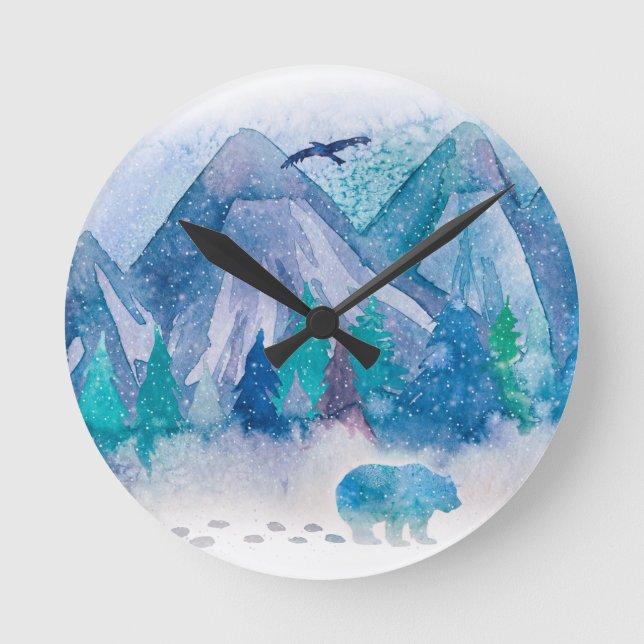 Blue Watercolor Winter Mountain Landscape Art Round Clock (Front)