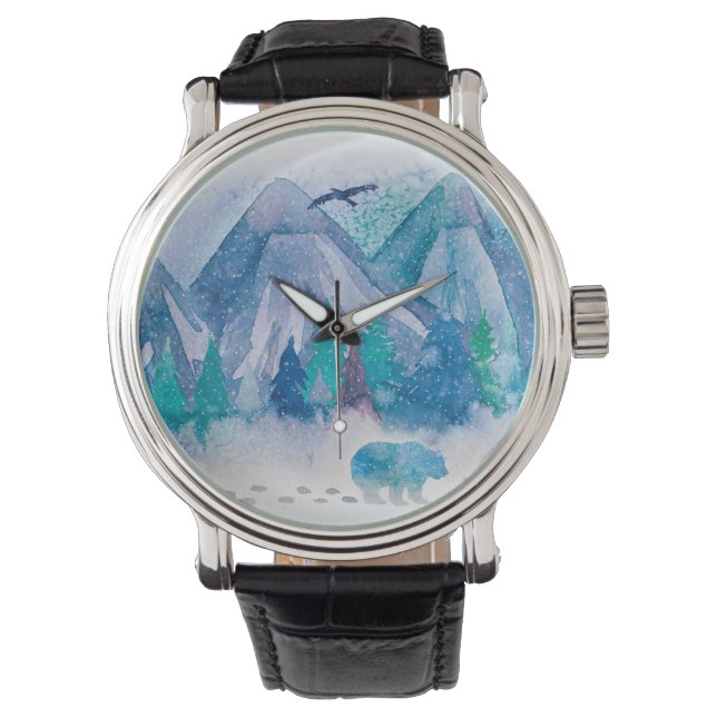 Blue Watercolor Winter Mountain Landscape Art Watch (Front)