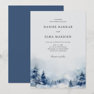 Blue Watercolor winter pine trees forest wedding   Invitation