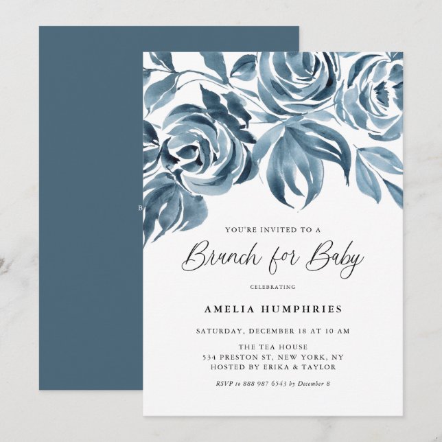Blue Watercolor Winter Roses Baby Shower Brunch Invitation (Front/Back)