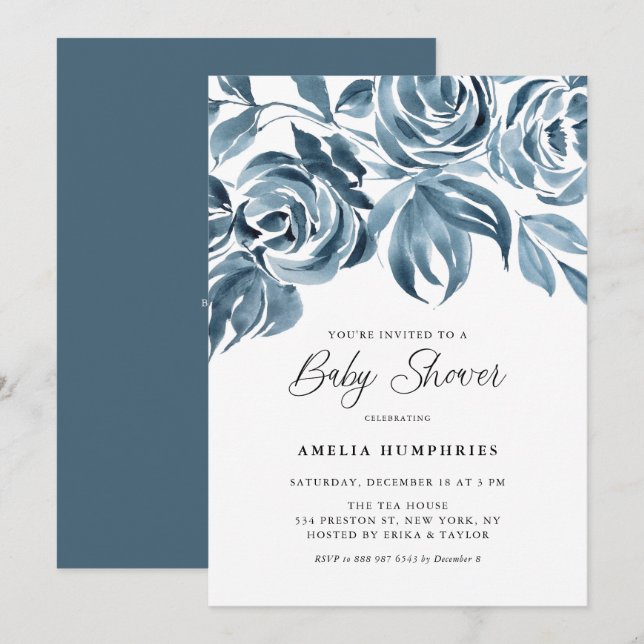 Blue Watercolor Winter Roses Baby Shower Invitation (Front/Back)