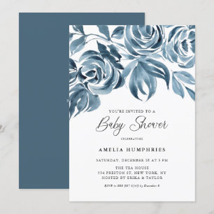 Blue Watercolor Winter Roses Baby Shower Invitation