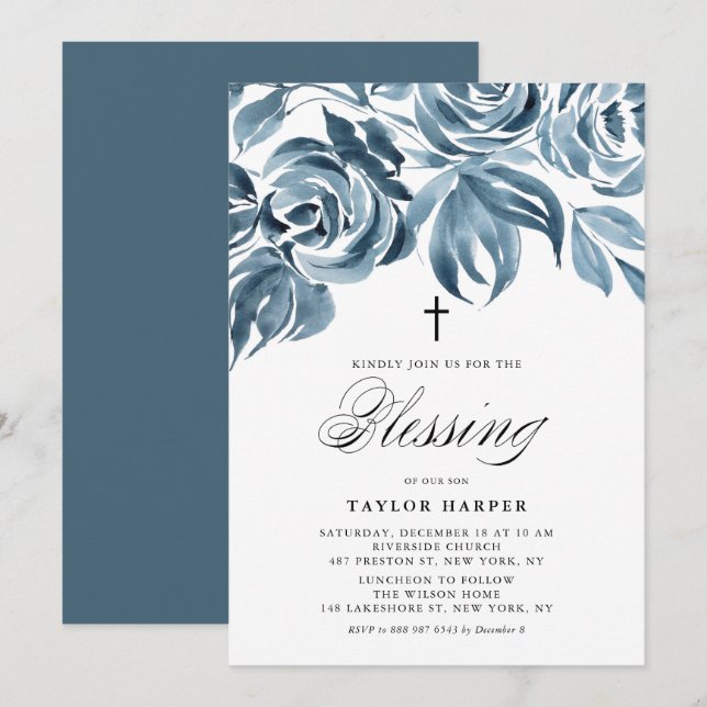 Blue Watercolor Winter Roses Bouquet Baptism Invit Invitation (Front/Back)