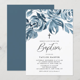 Blue Watercolor Winter Roses Bouquet Baptism Invitation