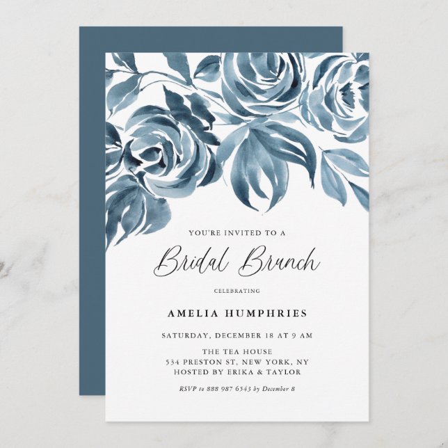 Blue Watercolor Winter Roses Bridal Brunch Invitation (Front/Back)