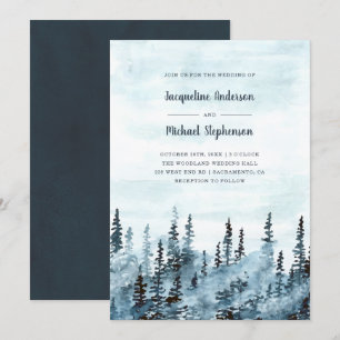 Blue Watercolor Winter Woodland Rustic Wedding Invitation