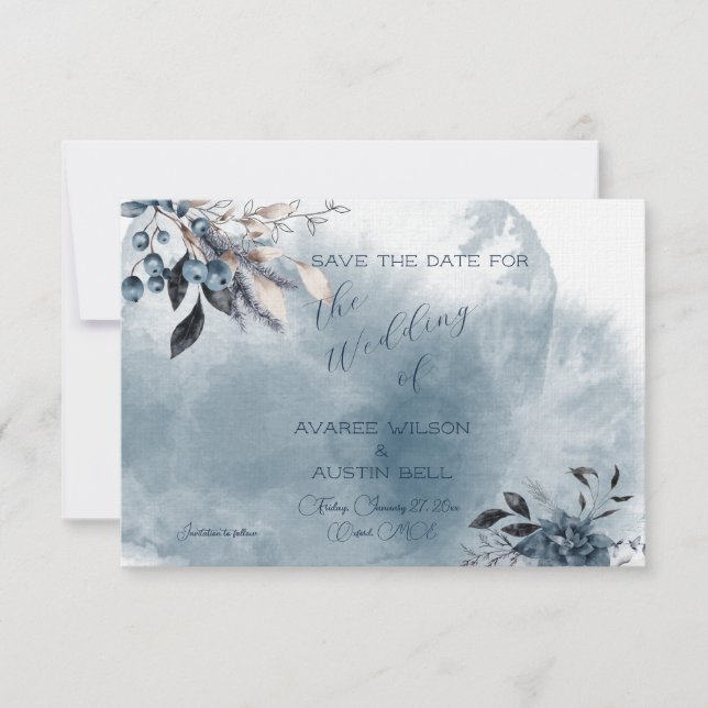 Blue Watercolor Winterberries Save The Date (Front)