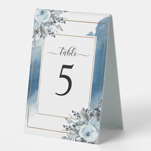 Blue Watercolor with Blue Floral, Wedding Number (Front)