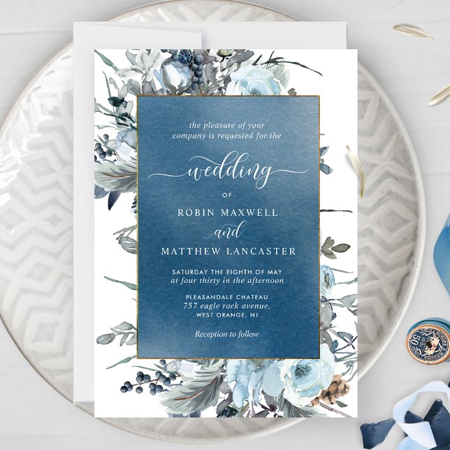 Blue Watercolor with Elegant Blue Floral Wedding Invitation (Creator Uploaded)