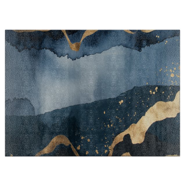 Blue watercolor with gold flecks cutting board (Front)