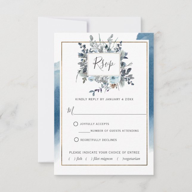 Blue Watercolor with/out Meal Choices RSVP Card (Front)