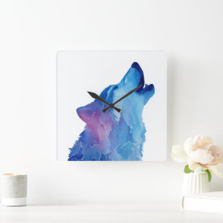 Blue watercolor wolf howling square wall clock