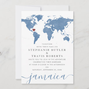 Blue Watercolor World Map Destination Wedding Invitation
