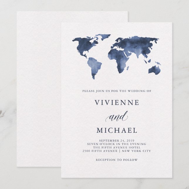 Blue Watercolor World Map on White | Wedding Invitation (Front/Back)