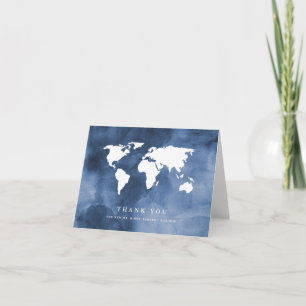 Blue Watercolor   World Map Thank You Card