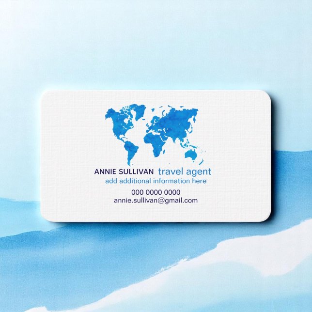 Blue Watercolor World Map Travel Agent Business Card (Creator Uploaded)