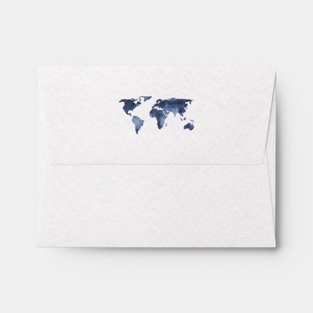 Blue Watercolor | World Map Wedding RSVP Envelope (Back (Top Flap))