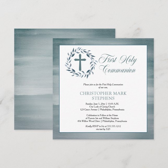 Blue Watercolor Wreath Boy First Holy Communion Invitation (Front/Back)