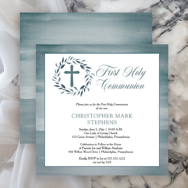 Blue Watercolor Wreath Boy First Holy Communion Invitation (Elegant Blue Watercolor Wreath Boy First Holy Communion Invitation)