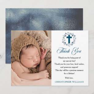 Blue Watercolor Wreath Boy Photo Baptism Thank You Card
