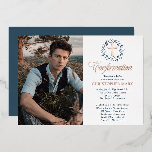 Blue Watercolor Wreath Boy Photo Confirmation (Front/Back)