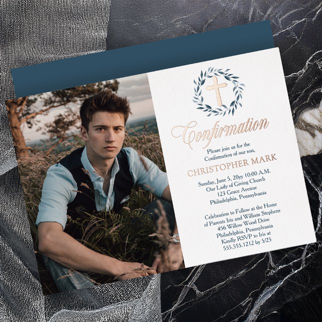 Blue Watercolor Wreath Boy Photo Confirmation (Elegant Blue Watercolor Wreath and Cross Boy Photo Confirmation Foil Invitation)