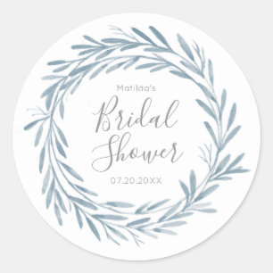 Blue Watercolor Wreath Script Bridal Shower Classic Round Sticker