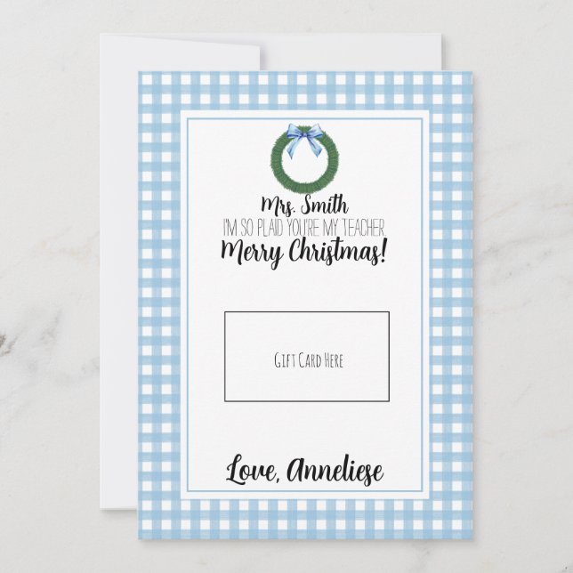 Blue Watercolor Wreath Teacher Christmas Gift Card (Front)