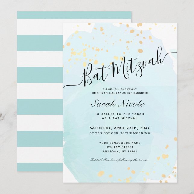 Blue Watercolor x Gold Splatters Bat Mitzvah Invitation (Front/Back)