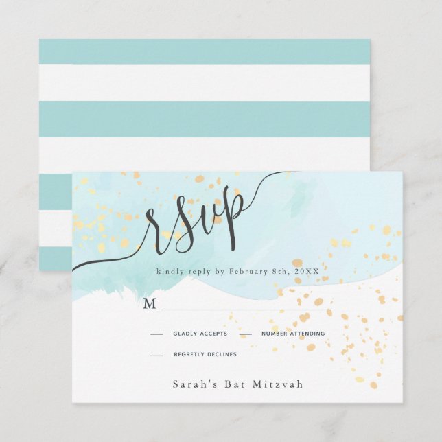 Blue Watercolor x Gold Splatters Bat Mitzvah RSVP Card (Front/Back)
