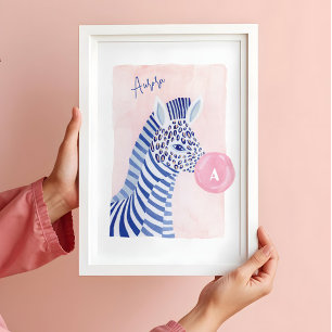 Blue Watercolor Zebra Animal Blowing Gum Bubble  Poster