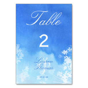 Blue Watercolour and White Leaves Wedding Table Number