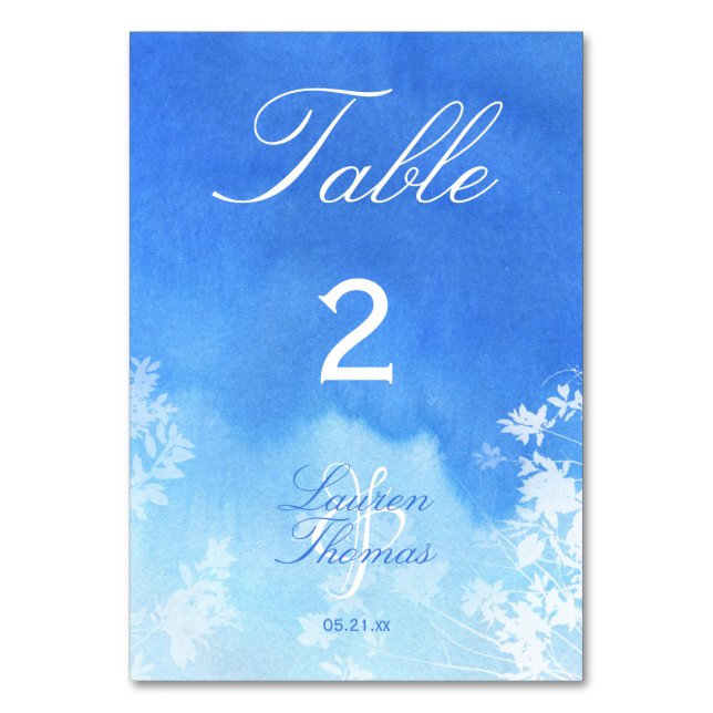 Blue Watercolour and White Leaves Wedding Table Number (Front)